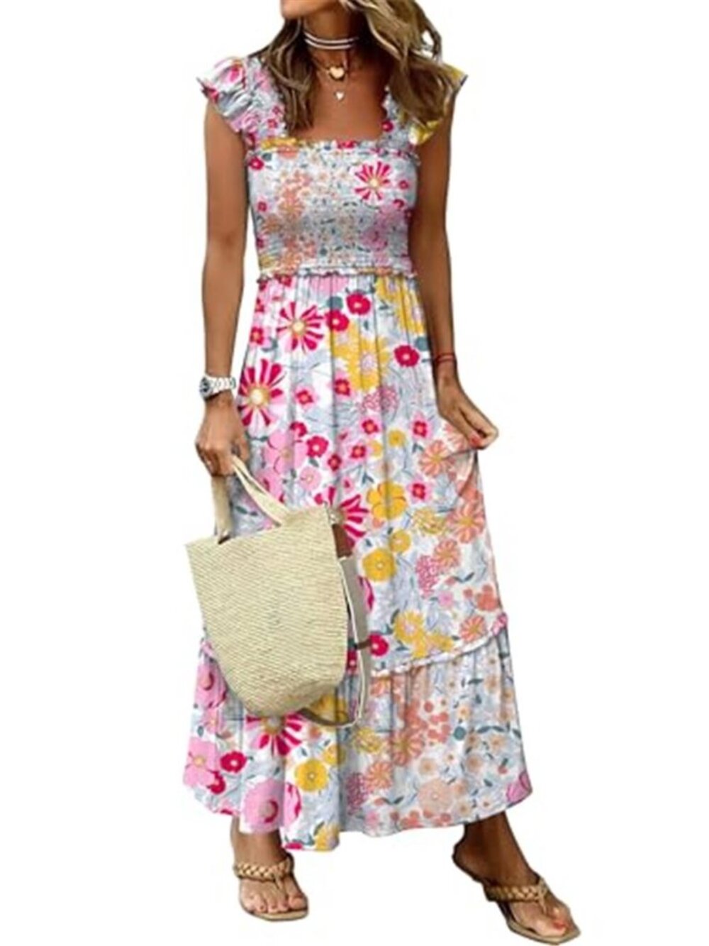 Floral Maxi Dress Sleeveless Smocked Boho Beach Sundress Ruffle Spaghetti Strap